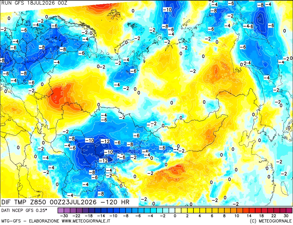 mappa Dif. Temp a 850 hPa Valid - Init