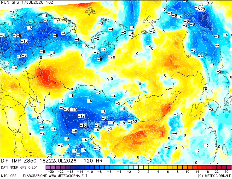 mappa Dif. Temp a 850 hPa Valid - Init