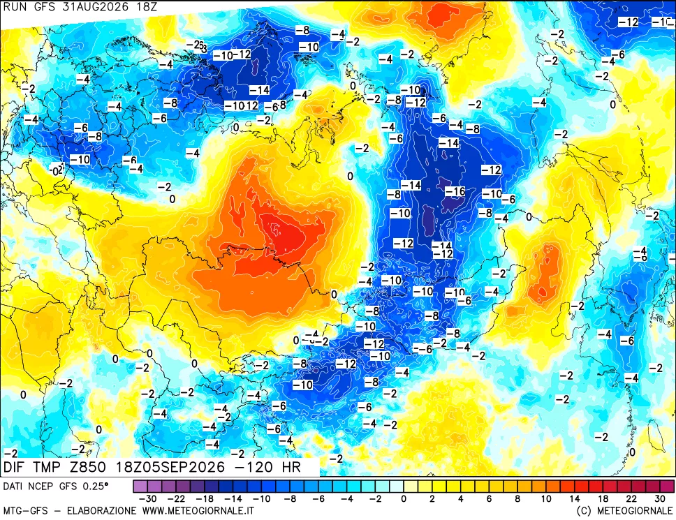 mappa Dif. Temp a 850 hPa Valid - Init
