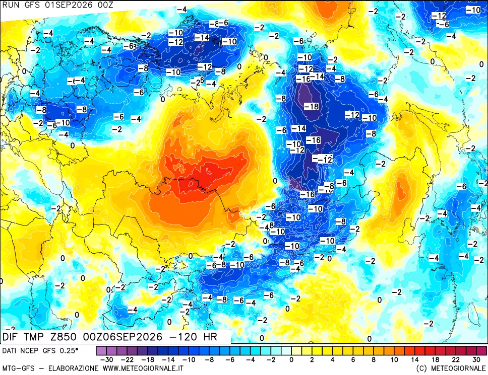 mappa Dif. Temp a 850 hPa Valid - Init