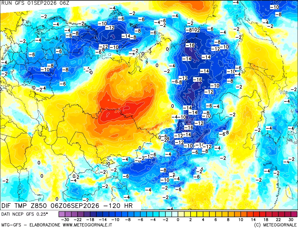 mappa Dif. Temp a 850 hPa Valid - Init