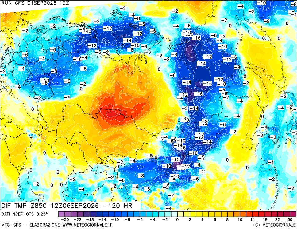 mappa Dif. Temp a 850 hPa Valid - Init