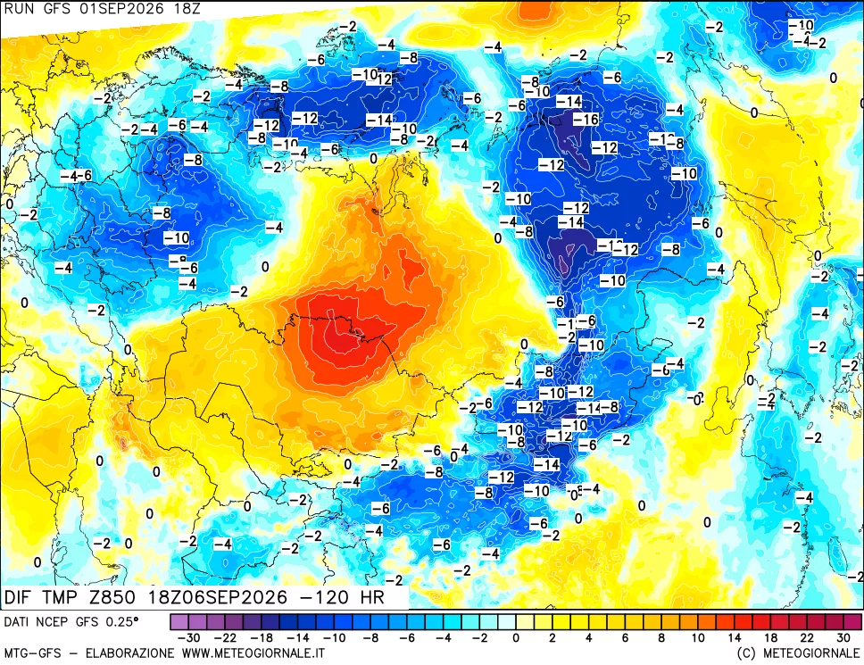 mappa Dif. Temp a 850 hPa Valid - Init