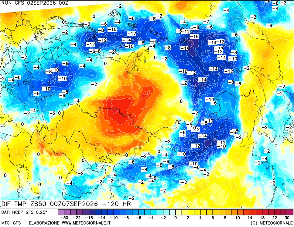 mappa Dif. Temp a 850 hPa Valid - Init