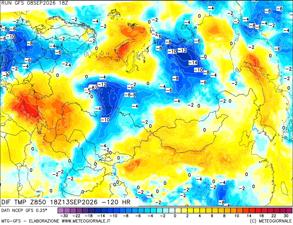 mappa Dif. Temp a 850 hPa Valid - Init