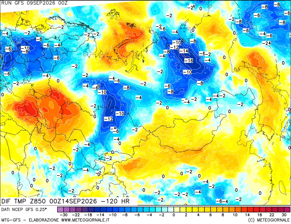mappa Dif. Temp a 850 hPa Valid - Init