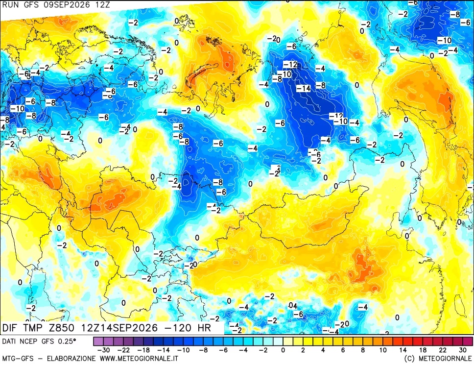 mappa Dif. Temp a 850 hPa Valid - Init