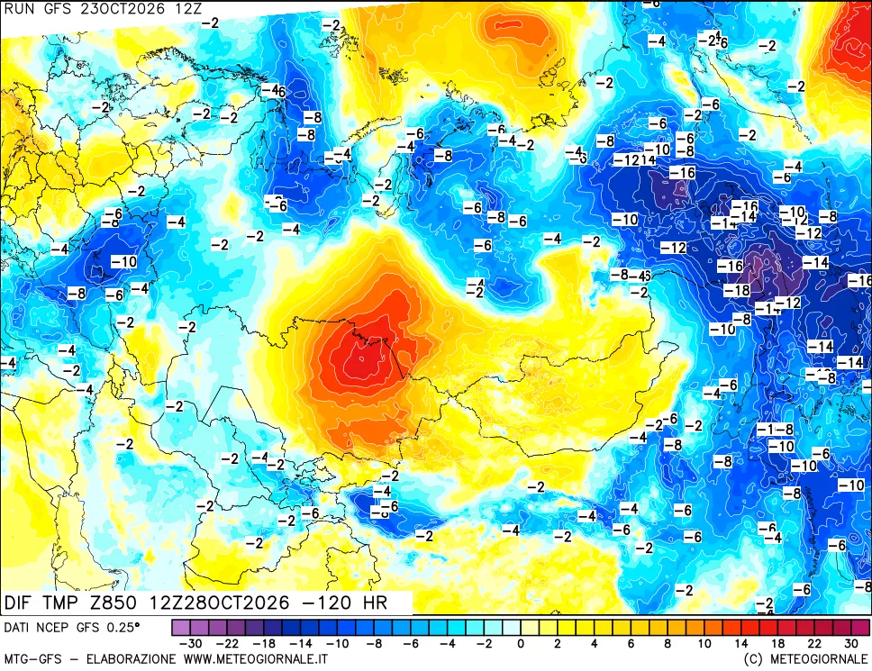mappa Dif. Temp a 850 hPa Valid - Init
