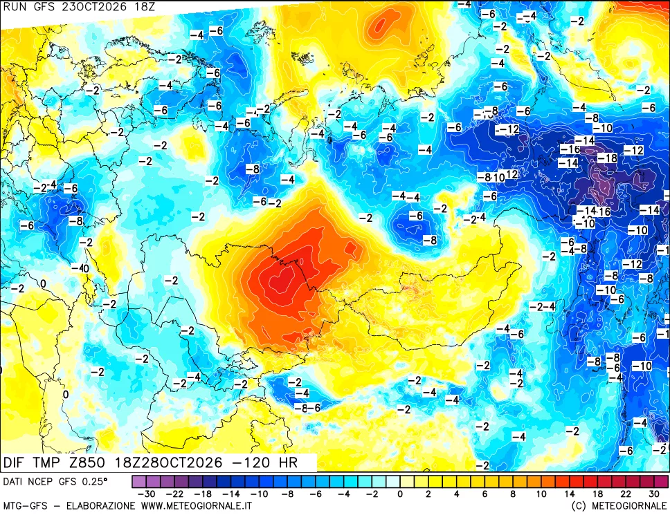 mappa Dif. Temp a 850 hPa Valid - Init