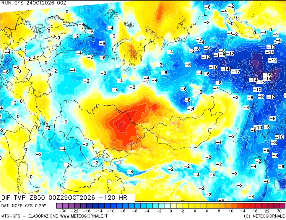 mappa Dif. Temp a 850 hPa Valid - Init