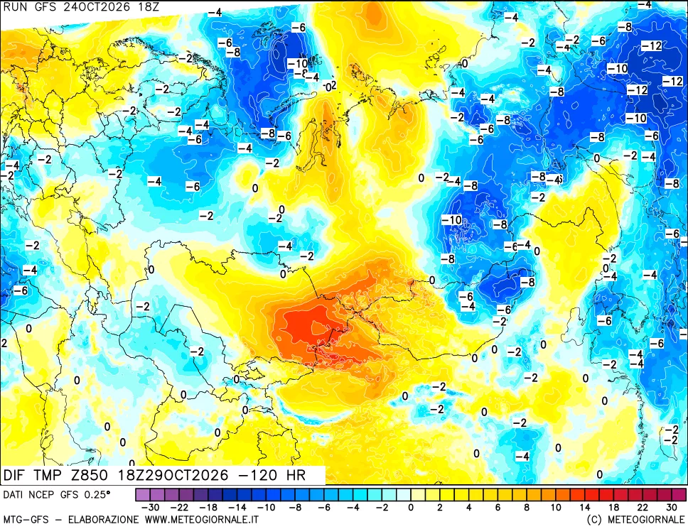 mappa Dif. Temp a 850 hPa Valid - Init