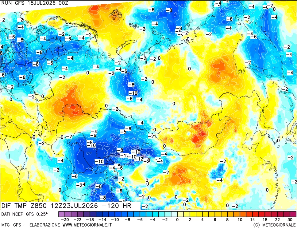 mappa Dif. Temp a 850 hPa Valid - Init