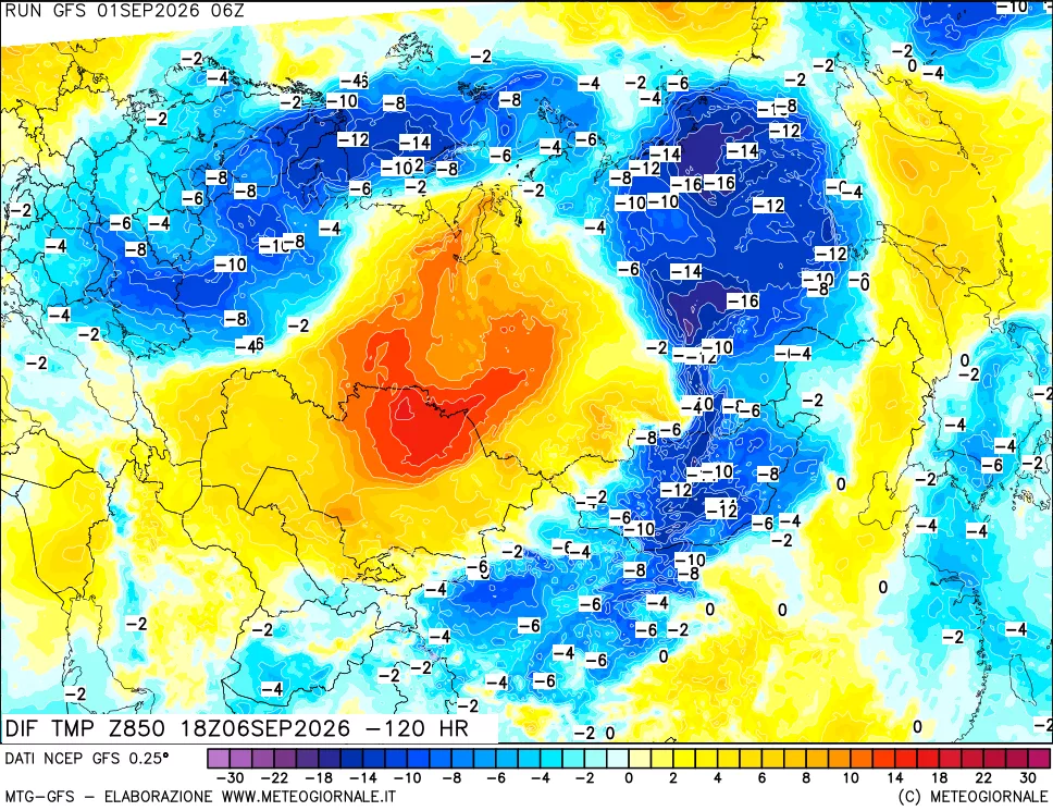 mappa Dif. Temp a 850 hPa Valid - Init