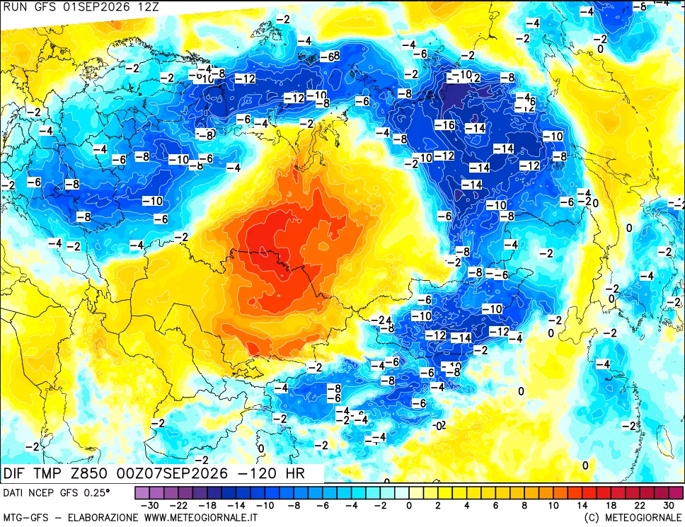 mappa Dif. Temp a 850 hPa Valid - Init