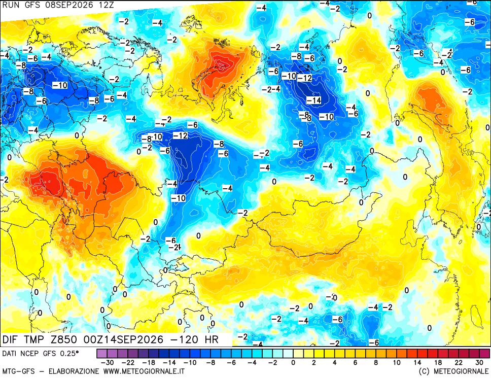 mappa Dif. Temp a 850 hPa Valid - Init