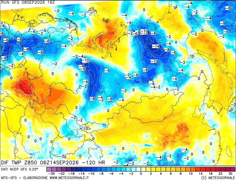 mappa Dif. Temp a 850 hPa Valid - Init