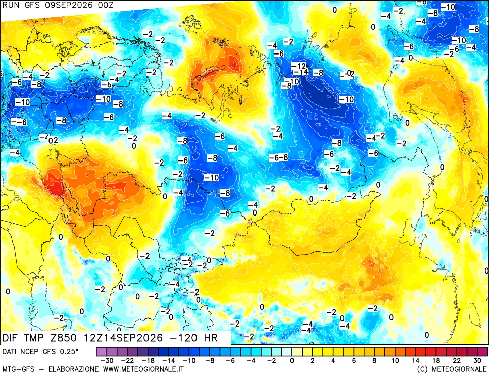 mappa Dif. Temp a 850 hPa Valid - Init