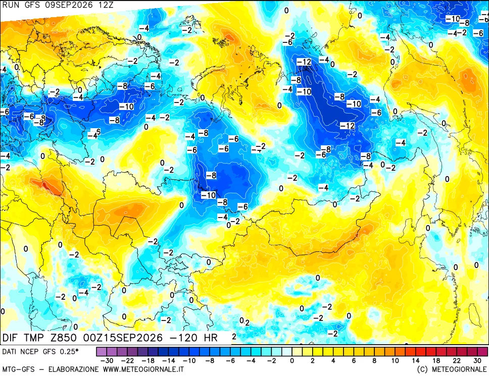 mappa Dif. Temp a 850 hPa Valid - Init