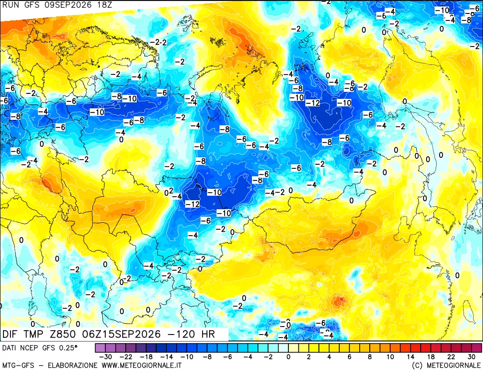 mappa Dif. Temp a 850 hPa Valid - Init
