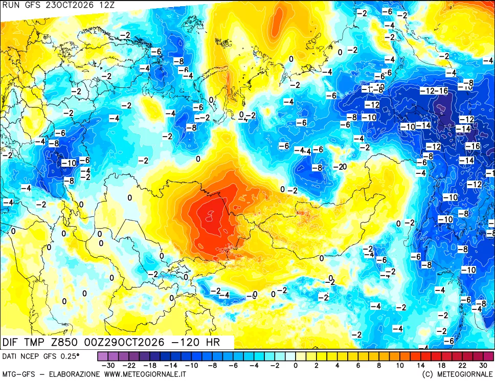 mappa Dif. Temp a 850 hPa Valid - Init