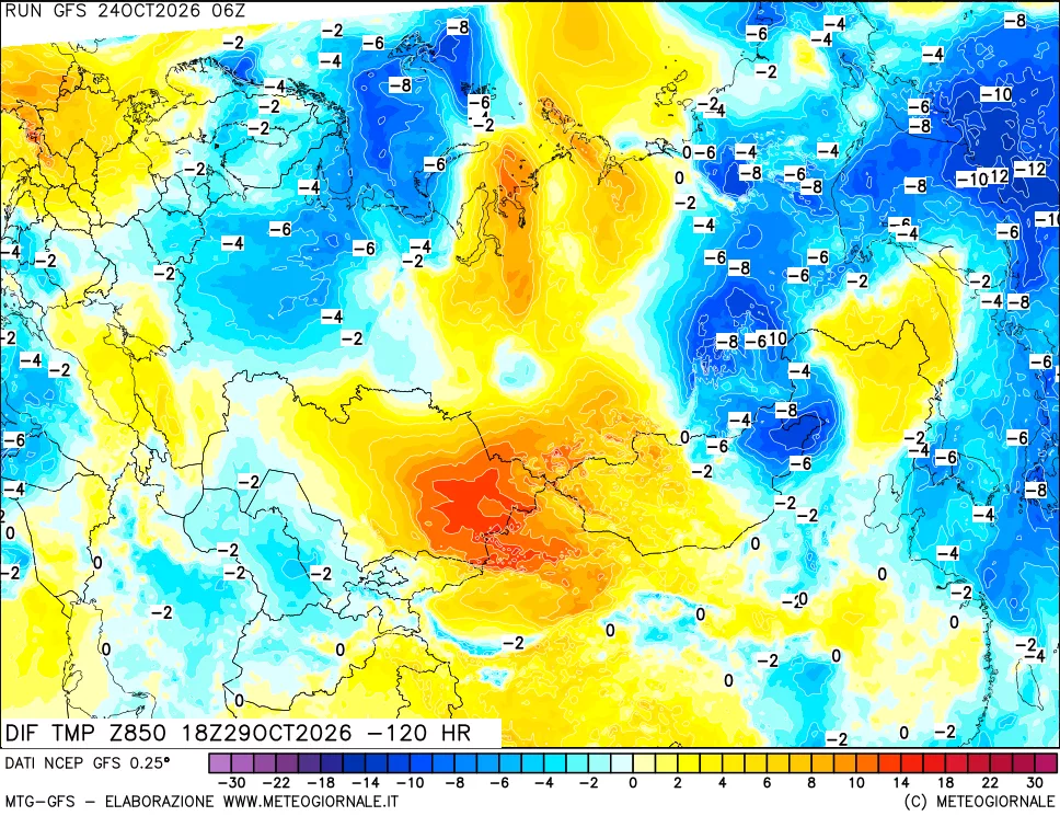 mappa Dif. Temp a 850 hPa Valid - Init