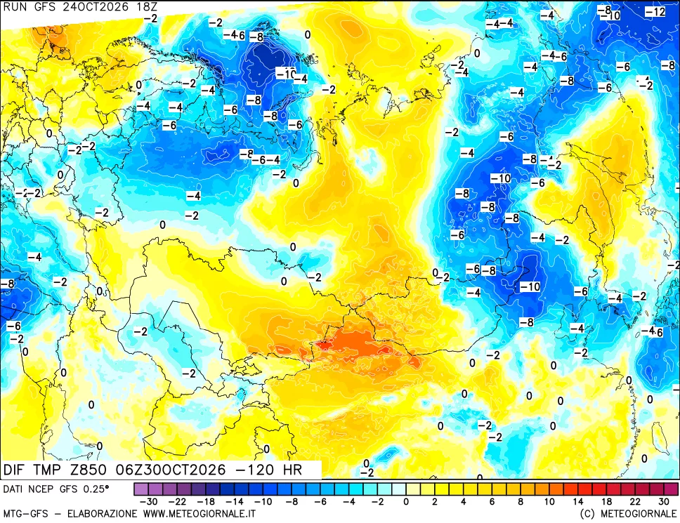 mappa Dif. Temp a 850 hPa Valid - Init