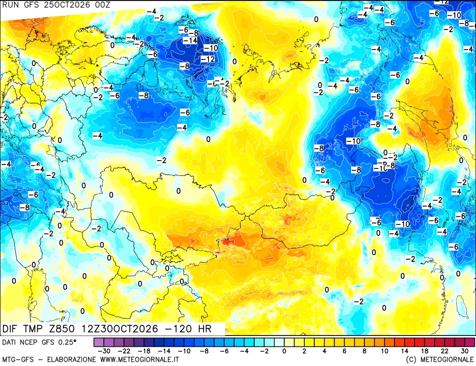 mappa Dif. Temp a 850 hPa Valid - Init