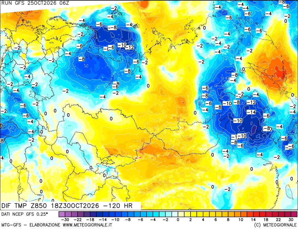 mappa Dif. Temp a 850 hPa Valid - Init