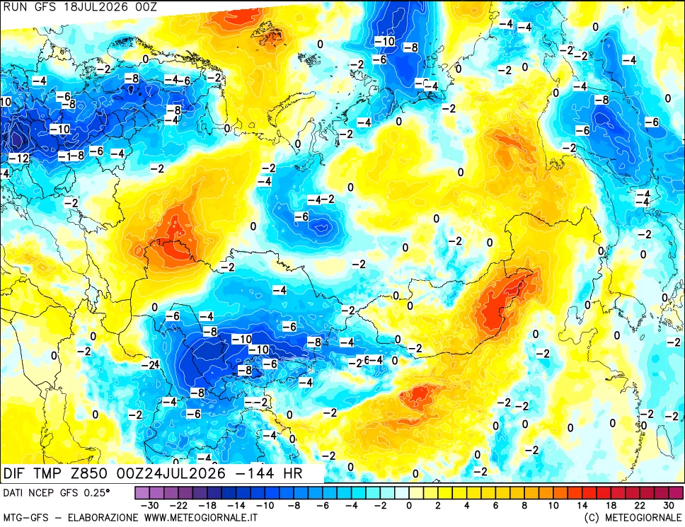 mappa Dif. Temp a 850 hPa Valid - Init