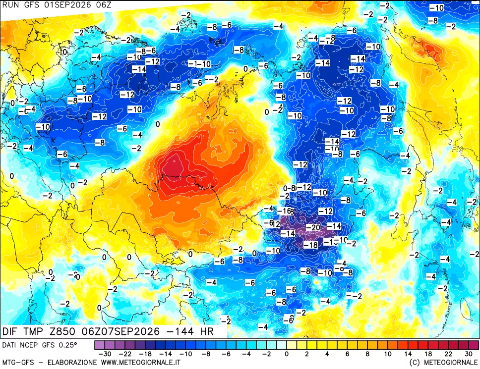 mappa Dif. Temp a 850 hPa Valid - Init