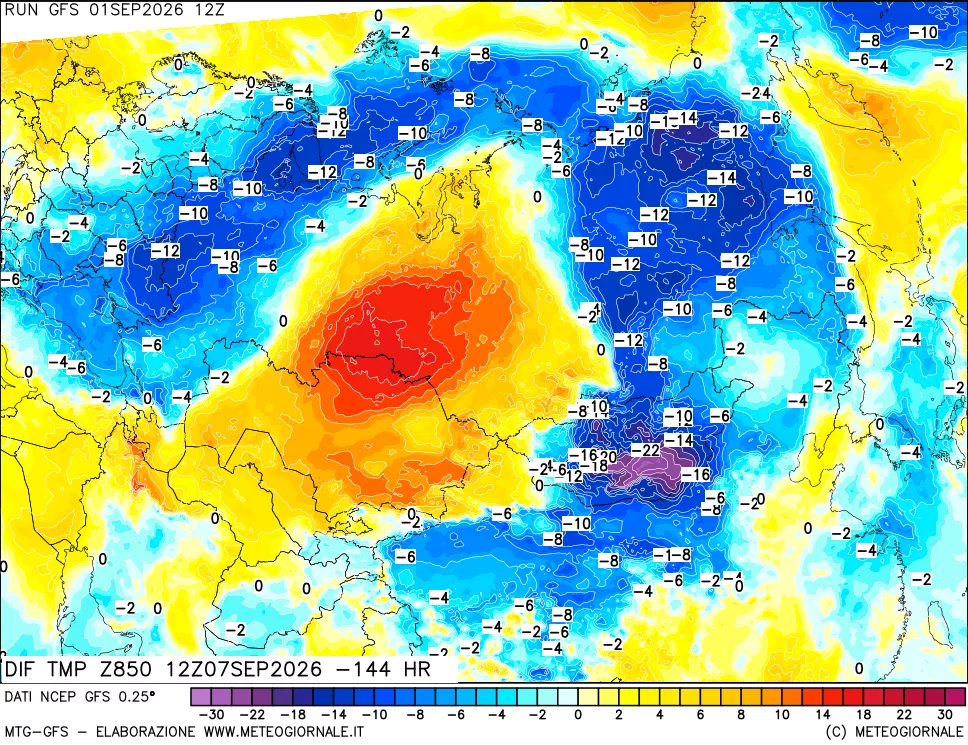 mappa Dif. Temp a 850 hPa Valid - Init