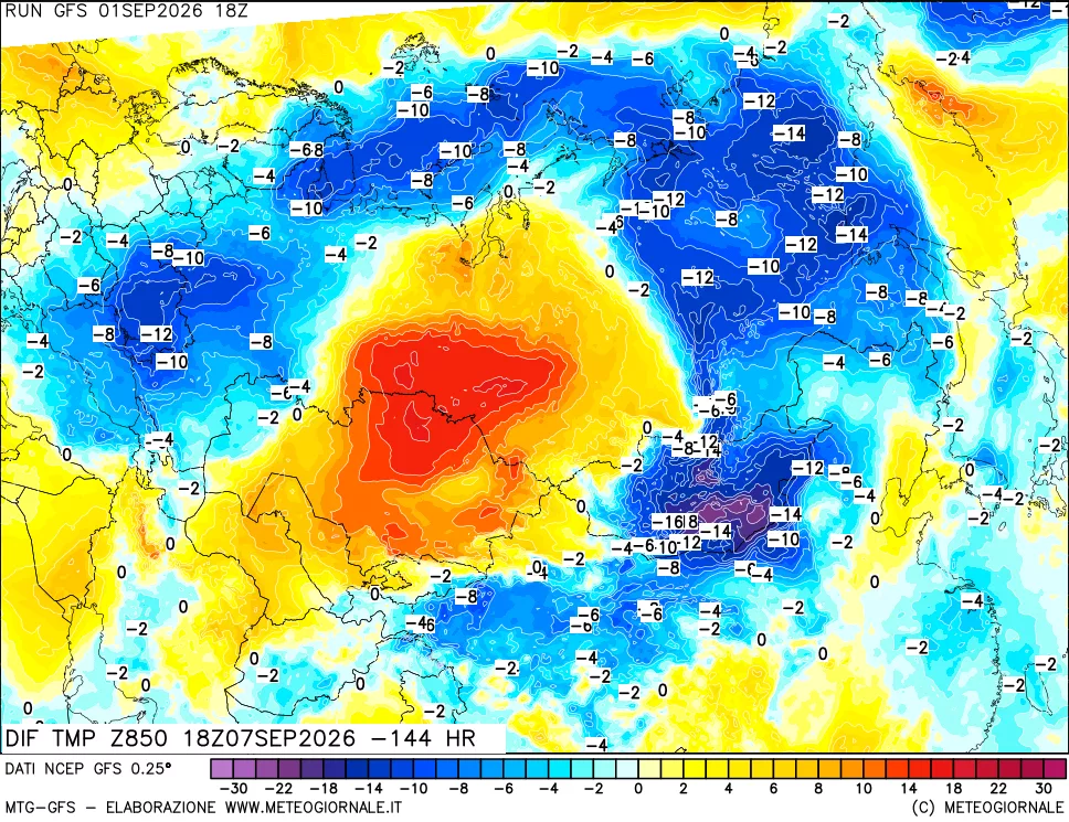 mappa Dif. Temp a 850 hPa Valid - Init