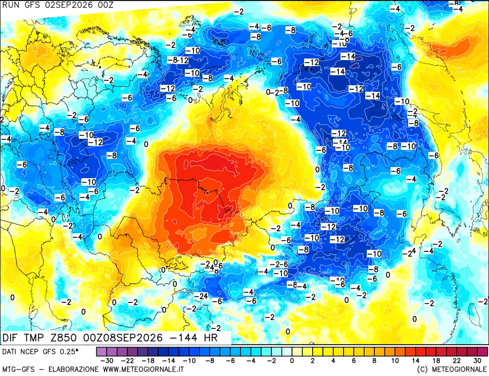 mappa Dif. Temp a 850 hPa Valid - Init