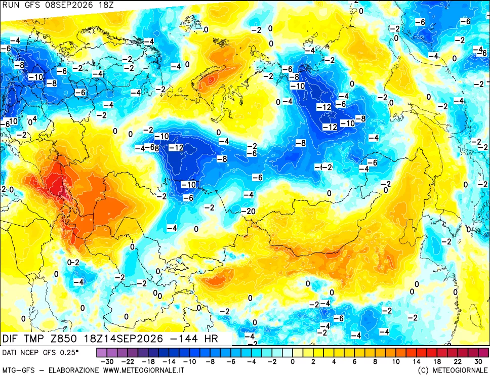 mappa Dif. Temp a 850 hPa Valid - Init
