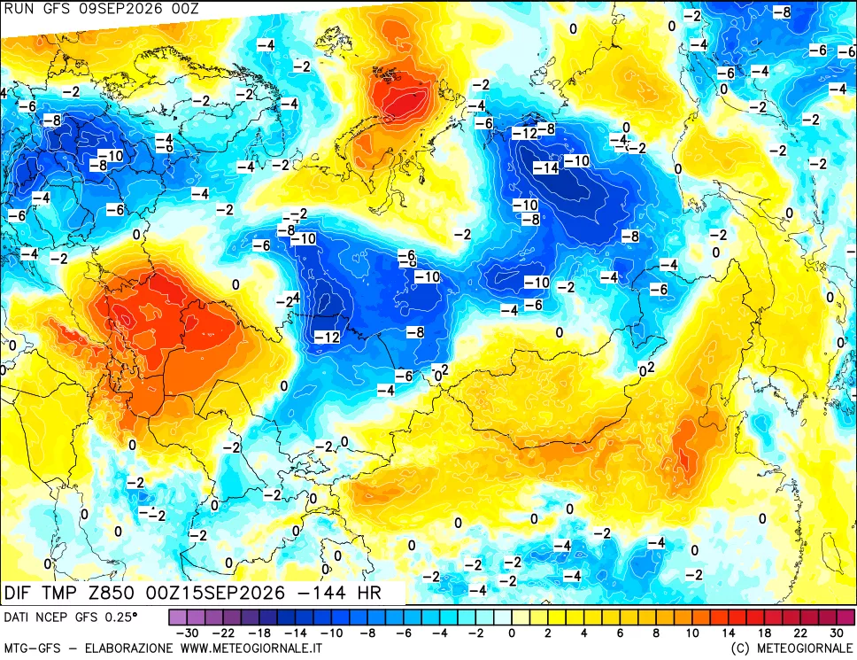 mappa Dif. Temp a 850 hPa Valid - Init