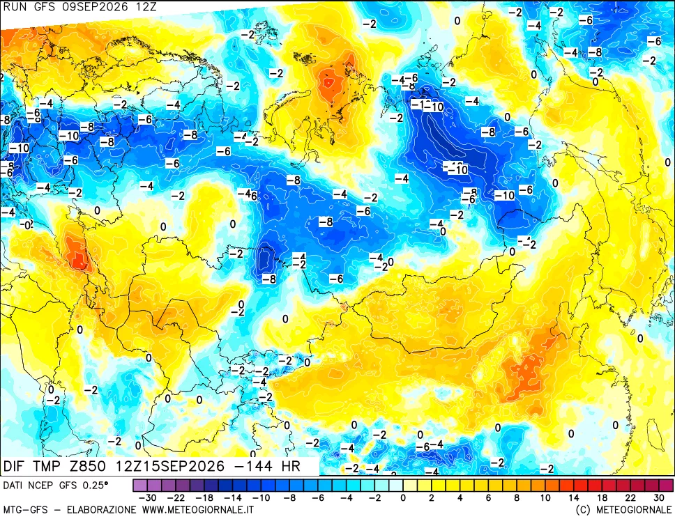 mappa Dif. Temp a 850 hPa Valid - Init