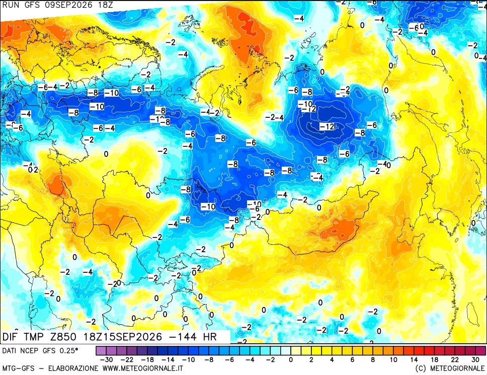 mappa Dif. Temp a 850 hPa Valid - Init