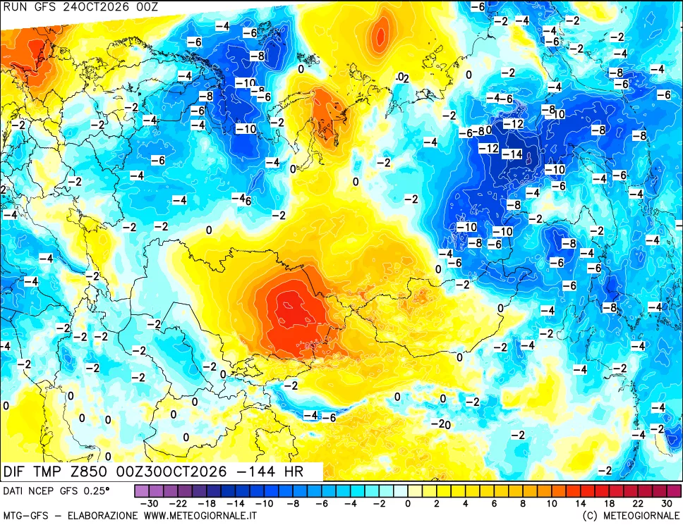 mappa Dif. Temp a 850 hPa Valid - Init