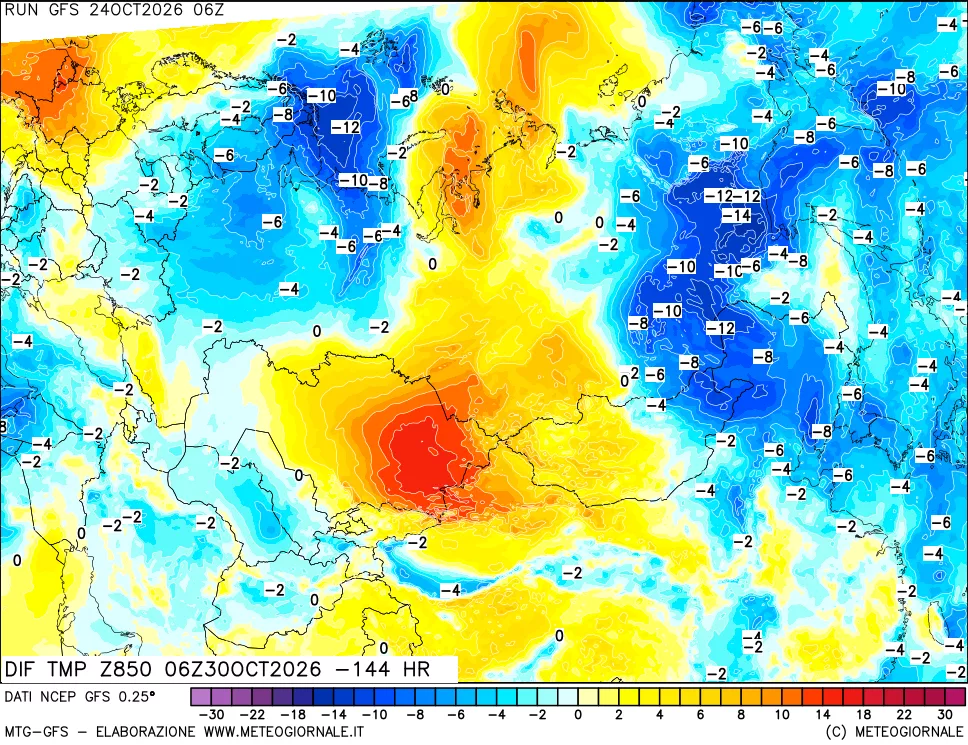 mappa Dif. Temp a 850 hPa Valid - Init
