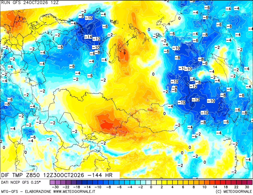 mappa Dif. Temp a 850 hPa Valid - Init