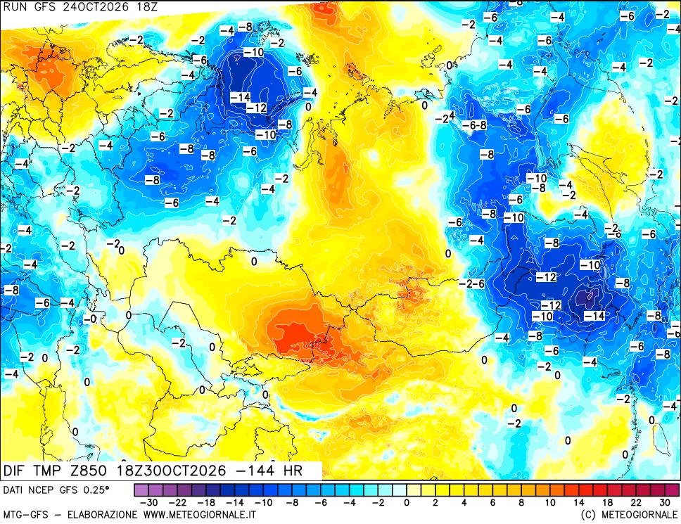 mappa Dif. Temp a 850 hPa Valid - Init