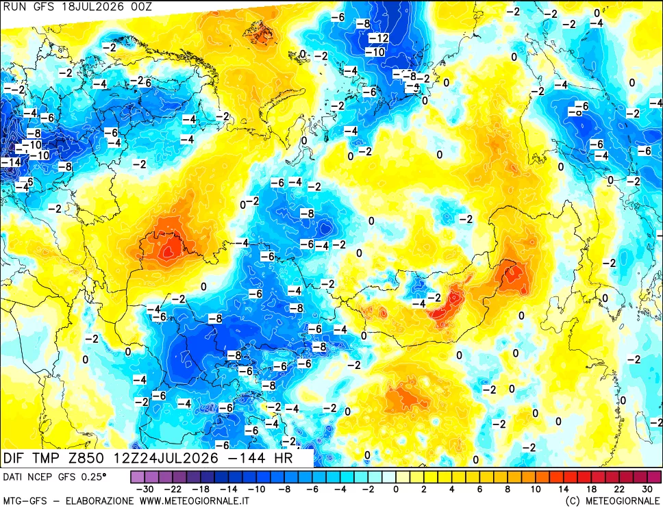 mappa Dif. Temp a 850 hPa Valid - Init