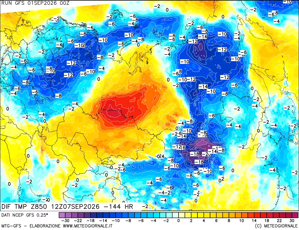 mappa Dif. Temp a 850 hPa Valid - Init