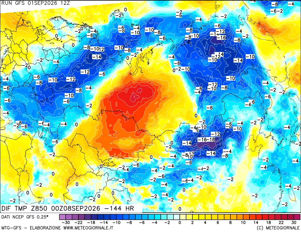 mappa Dif. Temp a 850 hPa Valid - Init
