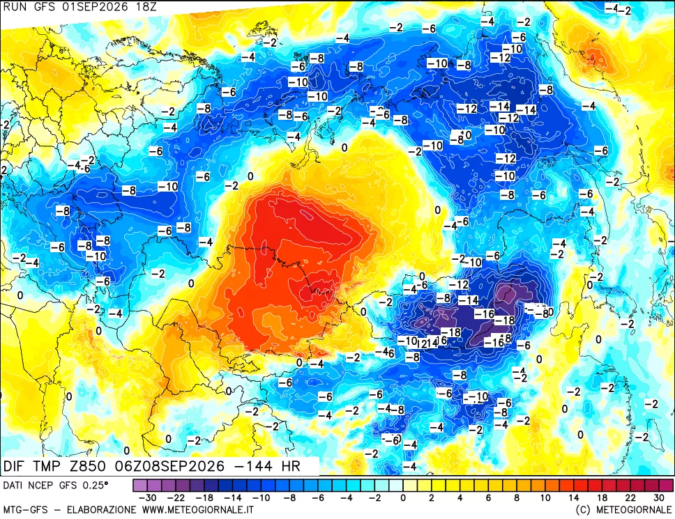 mappa Dif. Temp a 850 hPa Valid - Init