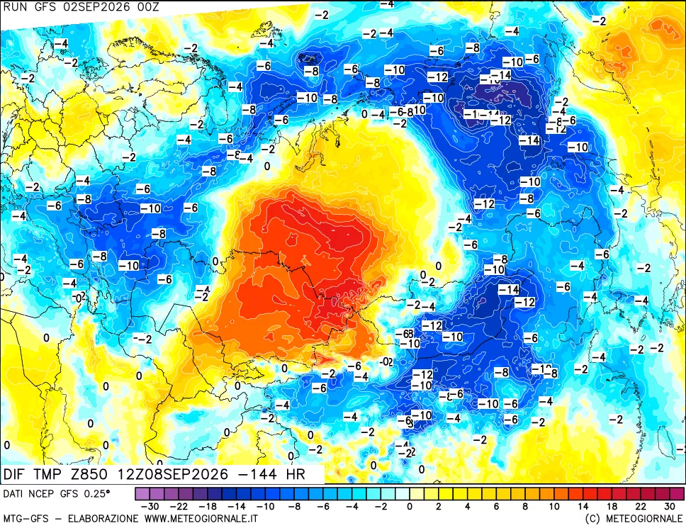 mappa Dif. Temp a 850 hPa Valid - Init