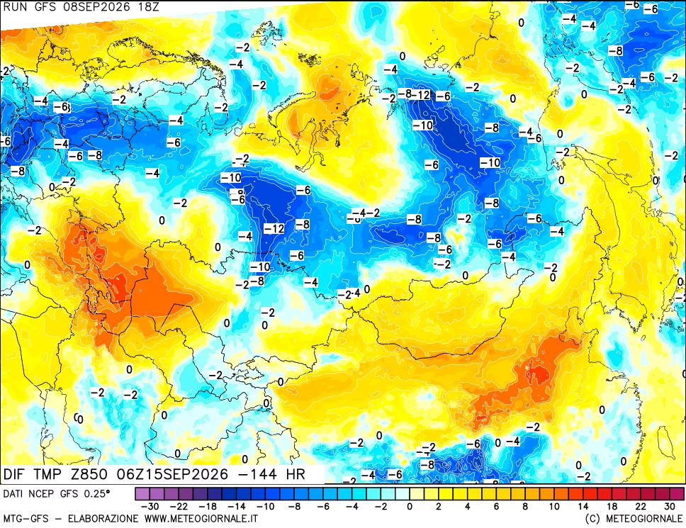mappa Dif. Temp a 850 hPa Valid - Init