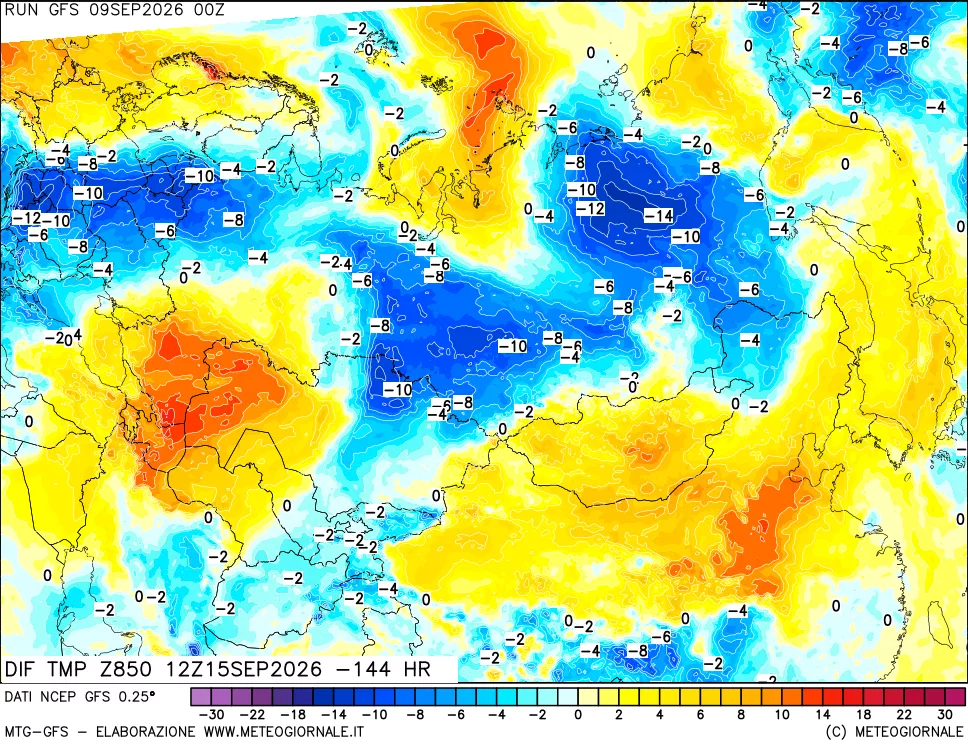 mappa Dif. Temp a 850 hPa Valid - Init