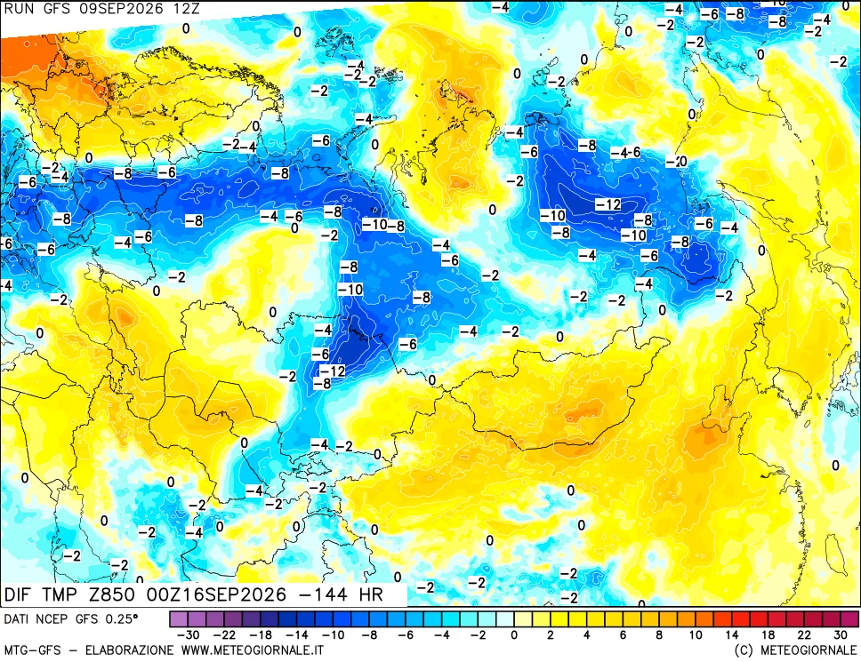 mappa Dif. Temp a 850 hPa Valid - Init