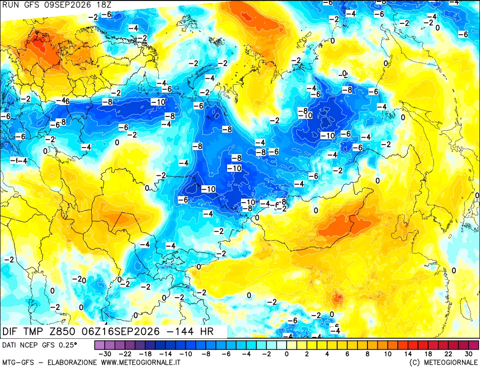 mappa Dif. Temp a 850 hPa Valid - Init